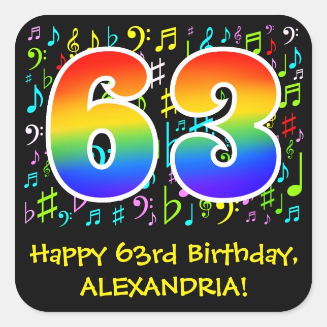 63rd Birthday: Colourful Music Symbols, Rainbow 63 Square Sticker (Front)