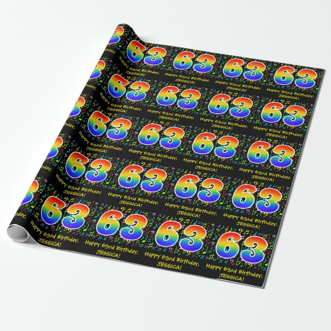 63rd Birthday: Colourful Music Symbols, Rainbow 63 Wrapping Paper (Unrolled)