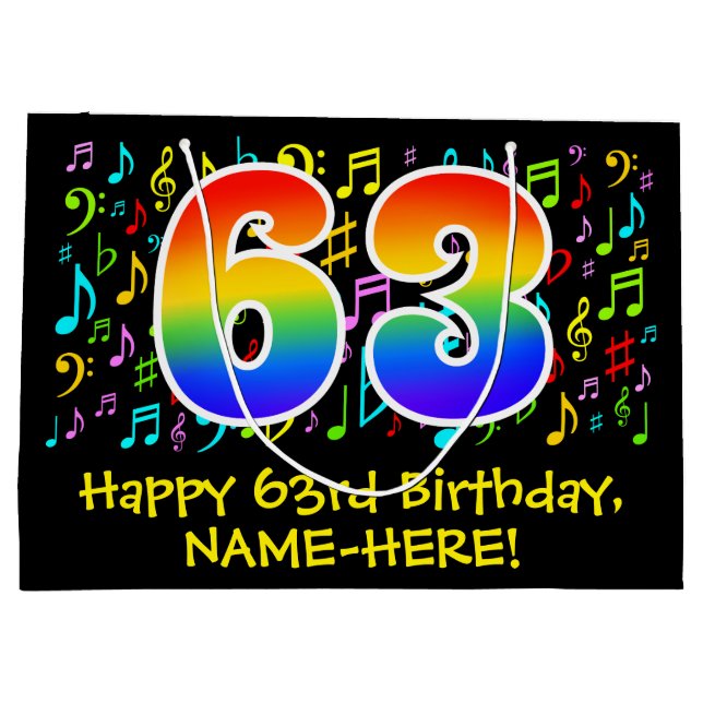 63rd Birthday - Colourful Music Symbols, Rainbow 6 Large Gift Bag (Back)