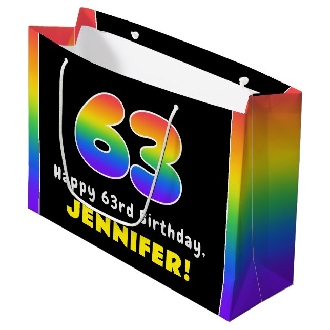 63rd Birthday: Colourful Rainbow # 63, Custom Name Large Gift Bag (Front Angled)