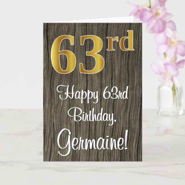 63rd Birthday: Elegant Faux Gold Look #, Faux Wood Card (Orchid)