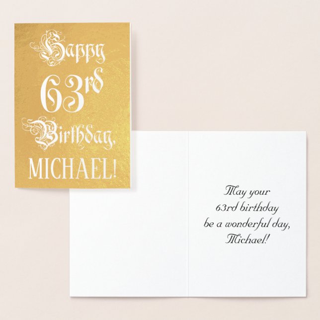 63rd Birthday: Elegant, Ornate Script; Custom Name Foil Card (Display)