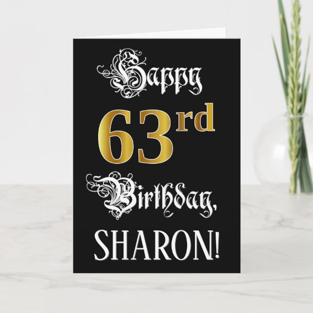 63rd Birthday — Fancy Script; Faux Gold Look; Name Card (Front)