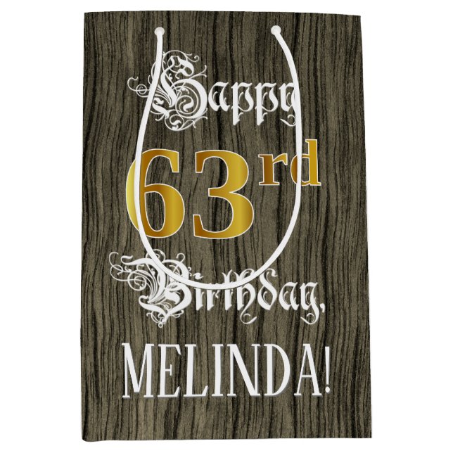 63rd Birthday: Faux Gold Look & Faux Wood Pattern Medium Gift Bag (Front)