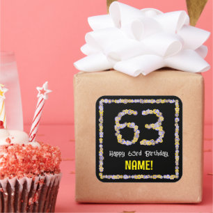 63rd Birthday: Floral Flowers Number, Custom Name Square Sticker