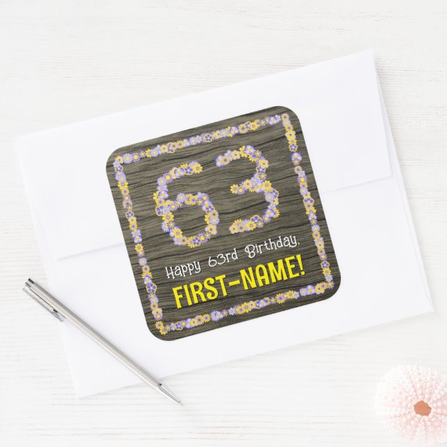 63rd Birthday: Floral Number, Faux Wood Look, Name Square Sticker (Envelope)