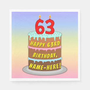 63rd Birthday: Fun Cake and Candles + Custom Name Napkin