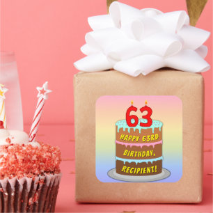 63rd Birthday: Fun Cake and Candles + Custom Name Square Sticker