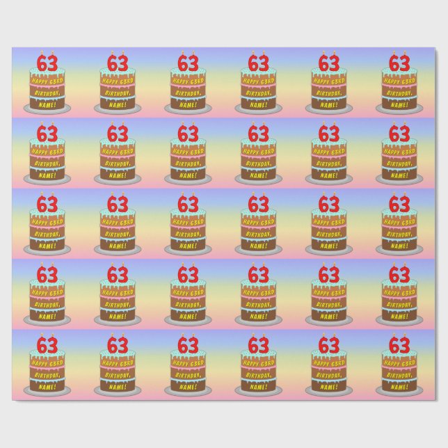 63rd Birthday: Fun Cake and Candles + Custom Name Wrapping Paper (Flat)