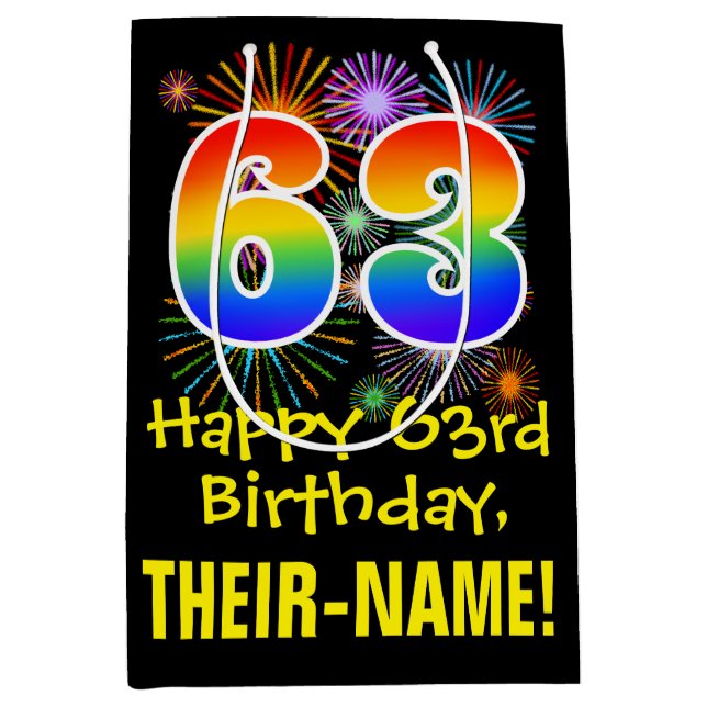 63rd Birthday: Fun Fireworks Pattern + Rainbow 63 Medium Gift Bag (Front)