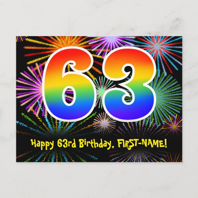 63rd Birthday – Fun Fireworks Pattern + Rainbow 63 Postcard (Front)