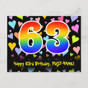 63rd Birthday: Fun Hearts Pattern, Rainbow 63 Postcard