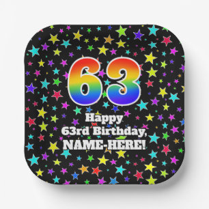 63rd Birthday: Fun Stars Pattern and Rainbow “63 Paper Plate