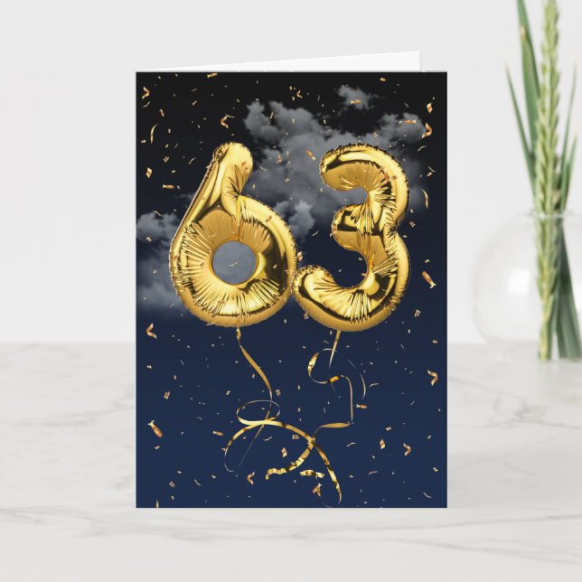 63rd Birthday Gold Mylar Balloon and Confetti Card (Front)