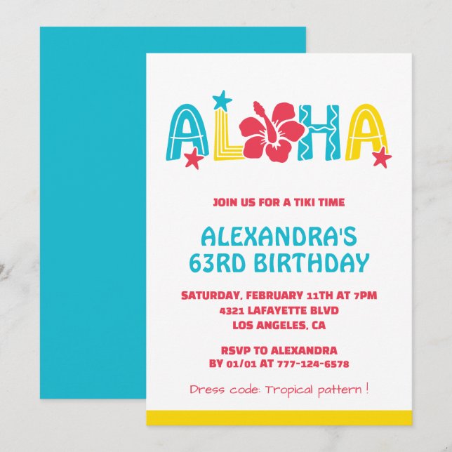 63rd birthday invitations Tropical Aloha Hawaiian (Front/Back)