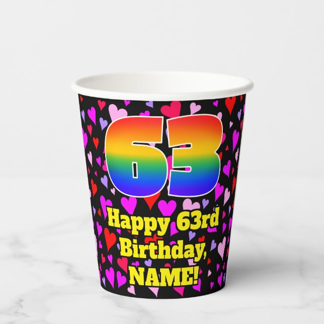 63rd Birthday: Loving Hearts Pattern, Rainbow 63 Paper Cups (Back)