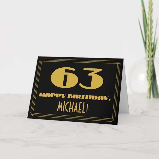 63rd Birthday: Name + Art Deco Inspired Look "63" Card (Front)