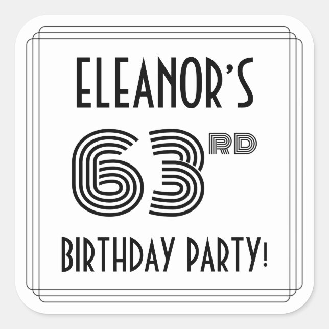 63rd Birthday Party: Art Deco Style + Custom Name Square Sticker (Front)