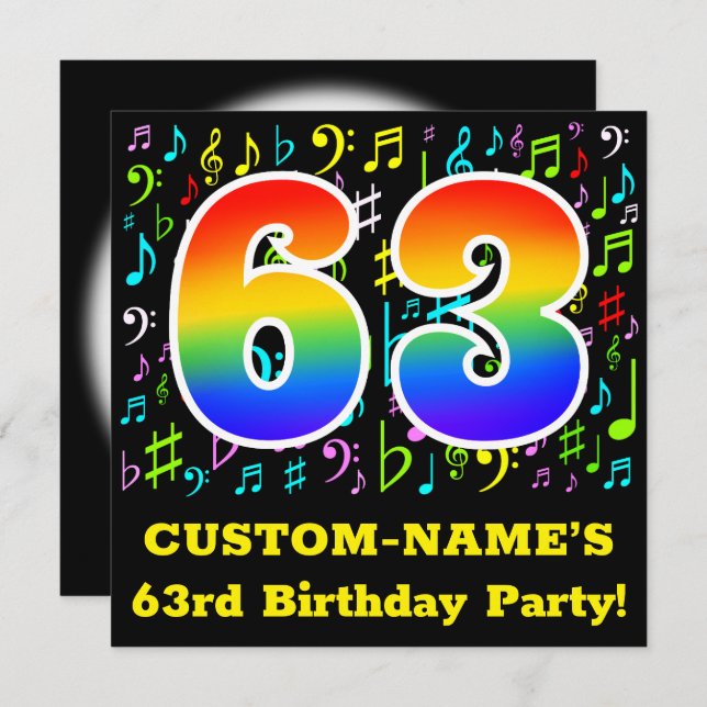 63rd Birthday Party: Fun Music Symbols, Rainbow 63 Invitation (Front/Back)