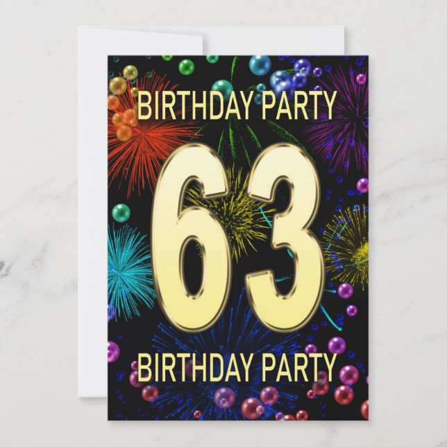 63rd Birthday Party Invitation Fireworks Bubbles (Front)