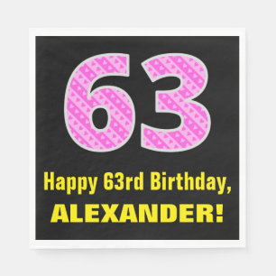 63rd Birthday: Pink Stripes and Hearts "63" + Name Napkin