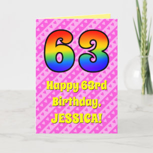 63rd Birthday: Pink Stripes & Hearts, Rainbow # 63 Card