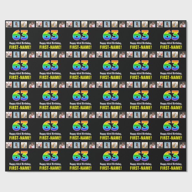 63rd Birthday: Rainbow “63“; Custom Photos & Name Wrapping Paper (Flat)