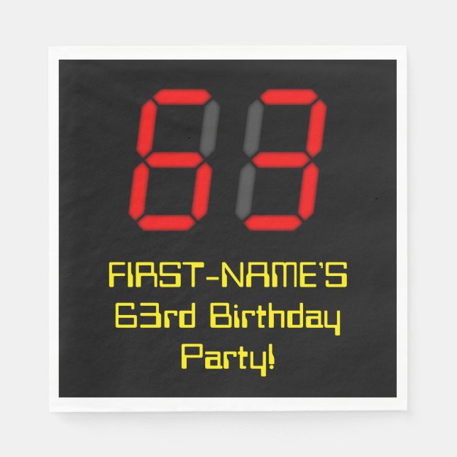 63rd Birthday: Red Digital Clock Style "63" + Name Napkin (Front)