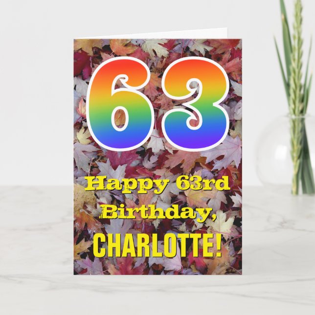 63rd Birthday; Rustic Autumn Leaves; Rainbow "63" Card (Front)