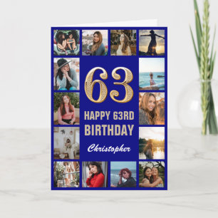 63rd Happy Birthday Navy Blue & Gold Photo Collage Card