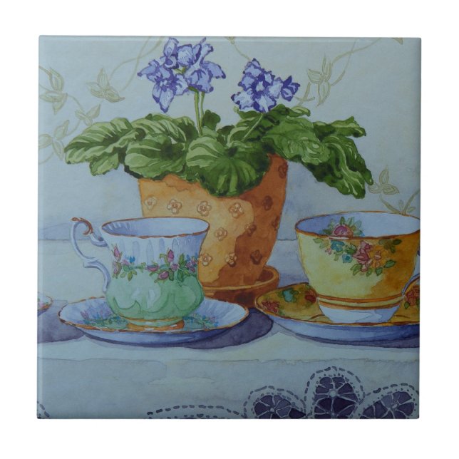 6470 African Violet and Teacups Ceramic Tile (Front)