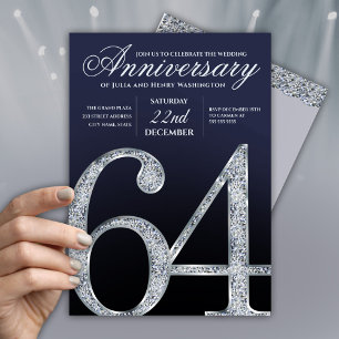 64th Anniversary Diamond Silver Navy Blue Modern Invitation