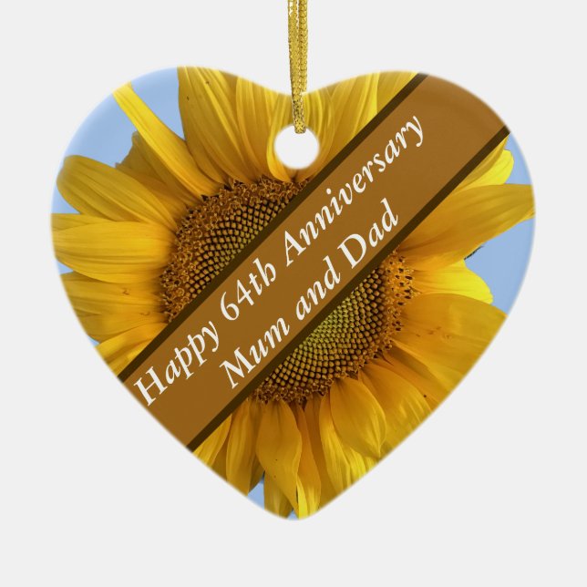 64th Anniversary Sunflower Heart Shaped Ceramic Ornament (Front)