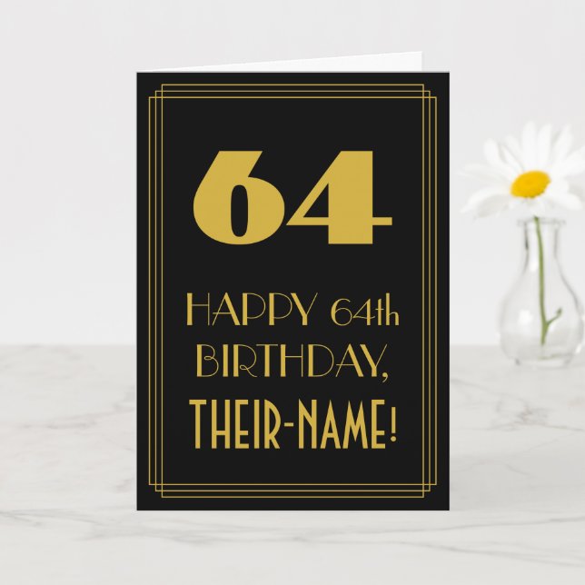 64th Birthday – Art Deco Inspired Look "64" & Name Card (Small Plant)