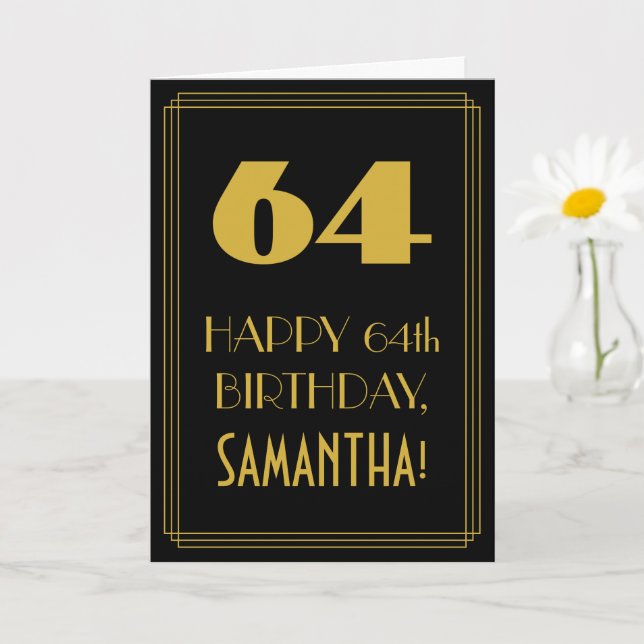 64th Birthday ~ Art Deco Inspired Look "64" & Name Card (Small Plant)