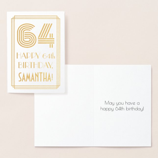 64th Birthday - Art Deco Inspired Look "64" & Name Foil Card (Display)