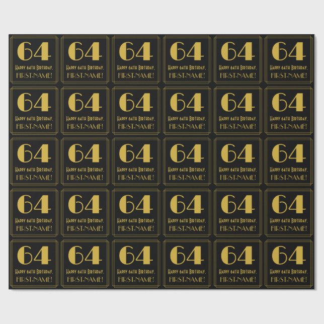 64th Birthday ~ Art Deco Inspired Look "64", Name Wrapping Paper (Flat)