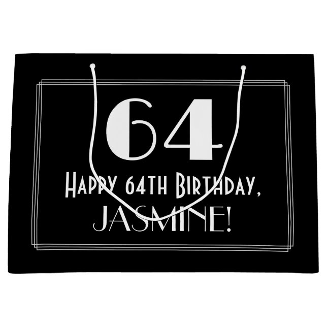 64th Birthday: Art Deco Inspired Style "64", Name Large Gift Bag (Front)