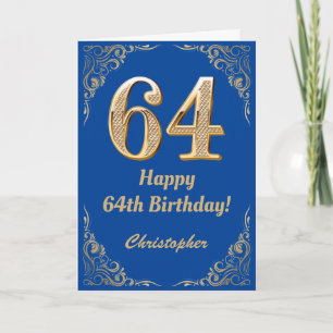 64th Birthday Blue and Gold Glitter Frame Card