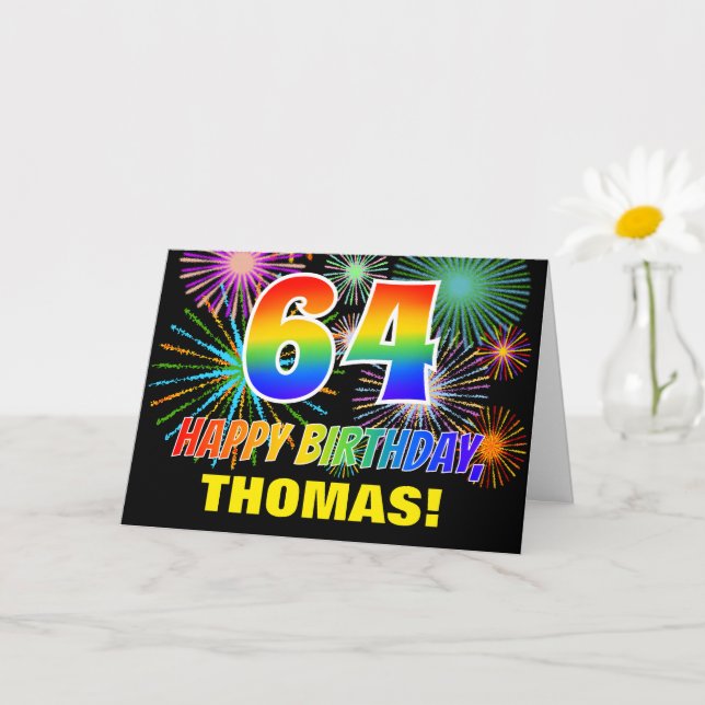 64th Birthday: Bold, Fun, Fireworks, Rainbow 64 Card (Small Plant)