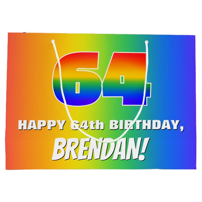 64th Birthday: Colourful, Fun Rainbow Pattern # 64 Large Gift Bag (Back)