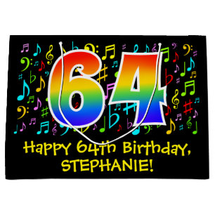 64th Birthday - Colourful Music Symbols, Rainbow 6 Large Gift Bag