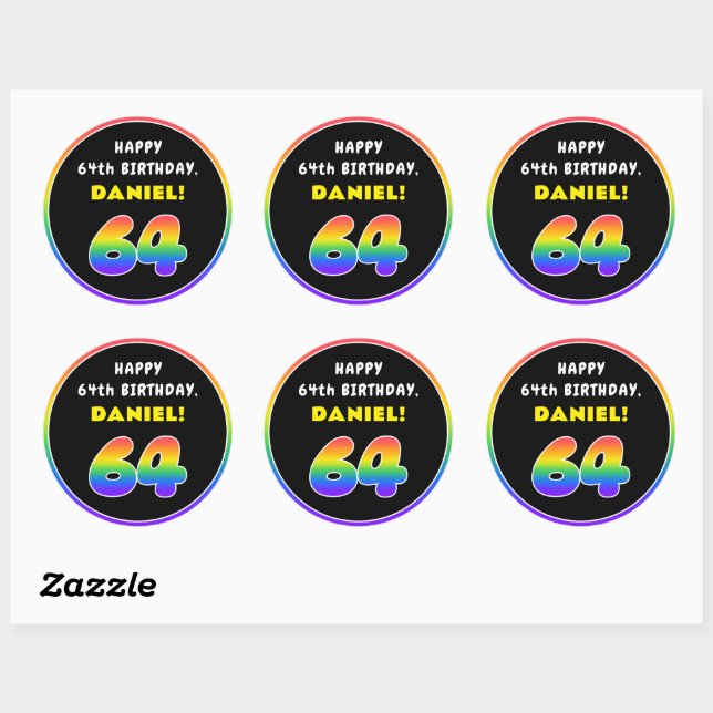 64th Birthday: Colourful Rainbow # 64, Custom Name Classic Round Sticker (Sheet)