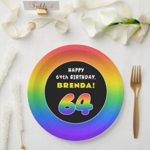 64th Birthday: Colourful Rainbow # 64, Custom Name Paper Plate