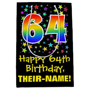 64th Birthday: Colourful Stars Pattern & Rainbow 6 Medium Gift Bag