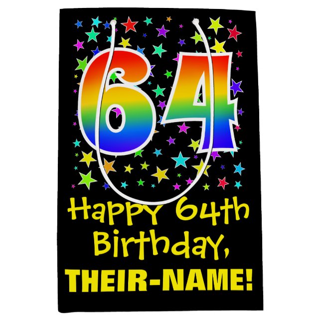 64th Birthday: Colourful Stars Pattern & Rainbow 6 Medium Gift Bag (Front)