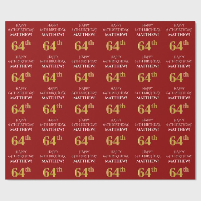 64th Birthday: Elegant, Red, Faux Gold Look Wrapping Paper (Flat)