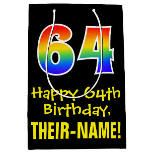 64th Birthday: Fun, Bold, Colourful, Rainbow "64" Medium Gift Bag