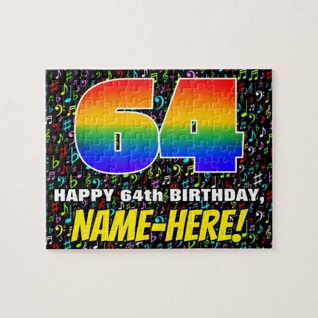 64th Birthday — Fun, Colourful Music Symbols & “64 Jigsaw Puzzle (Horizontal)