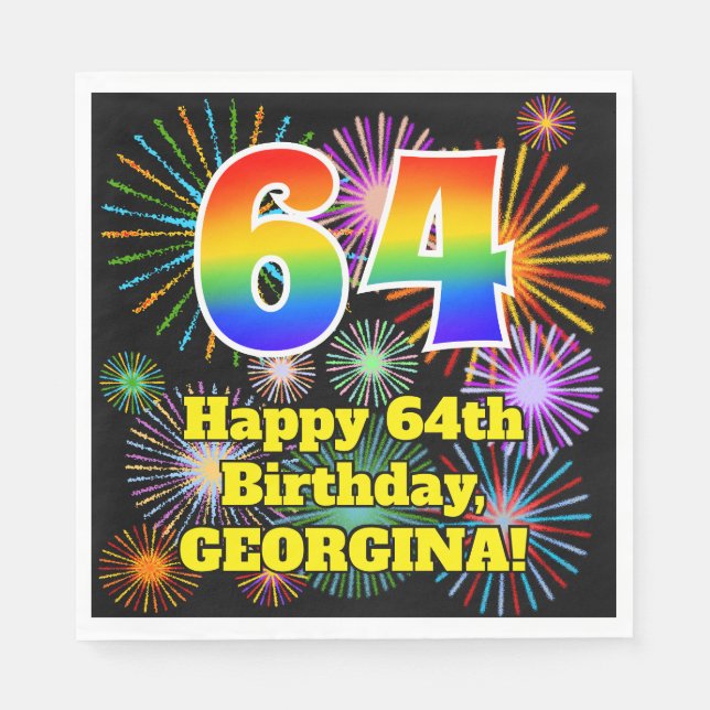 64th Birthday: Fun Fireworks Pattern + Rainbow 64 Napkin (Front)